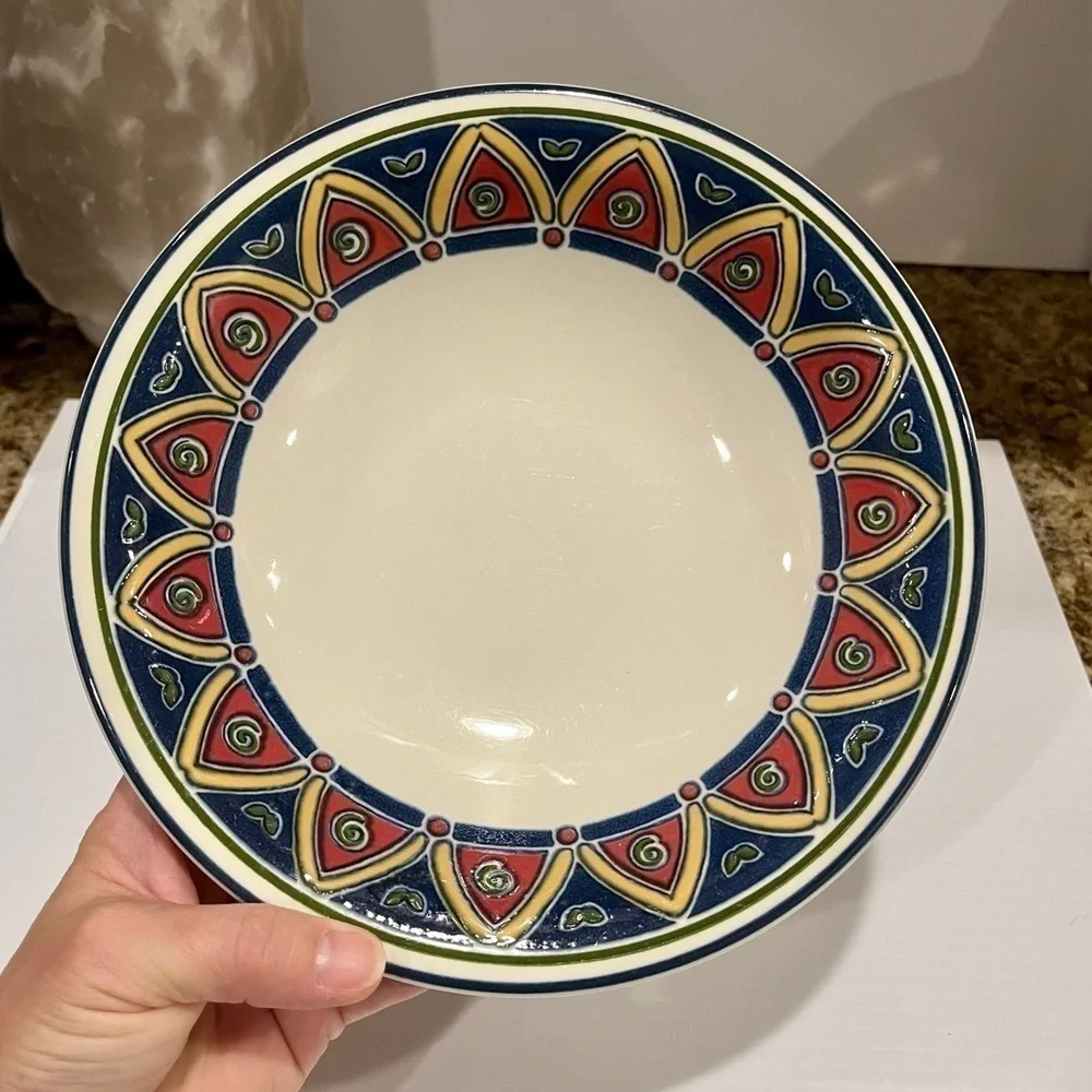Pier 1 Bowl Red, Blue. Yellow Geometric Pattern 8 1/4 inches